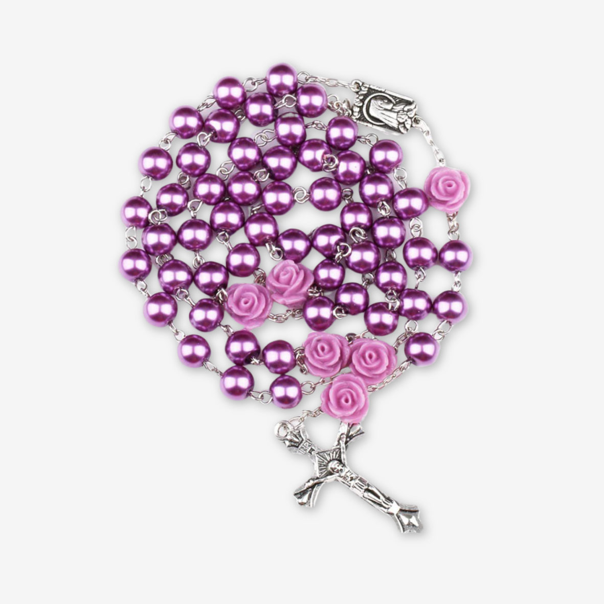 Rosario con perle viola e rose.