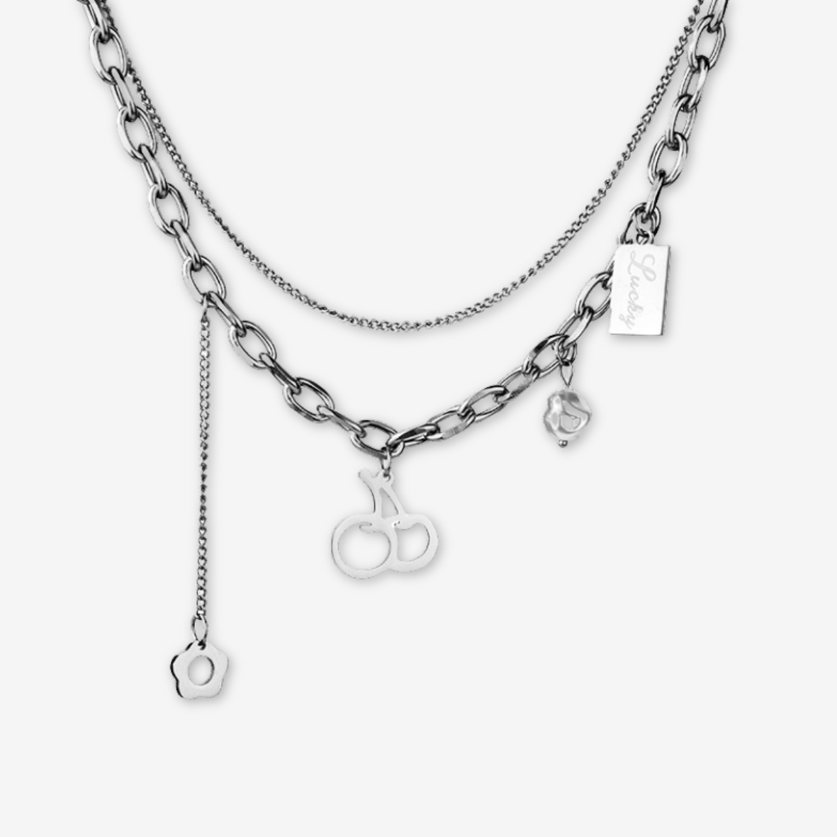 Collana in acciaio al titanio con ciliegie.