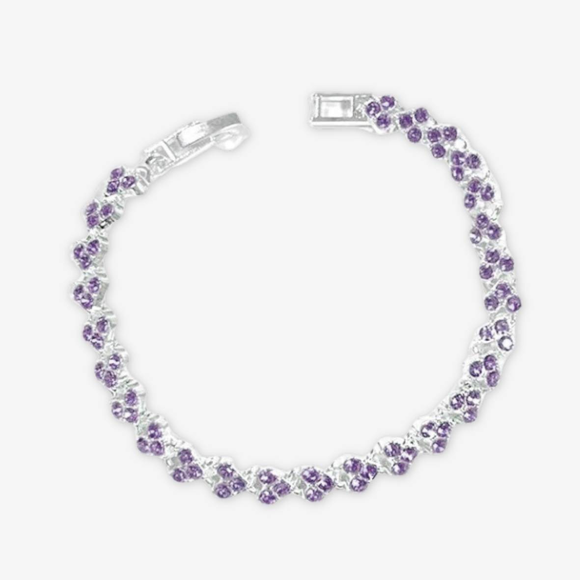 Bracciale tennis viola a forma di cuore.