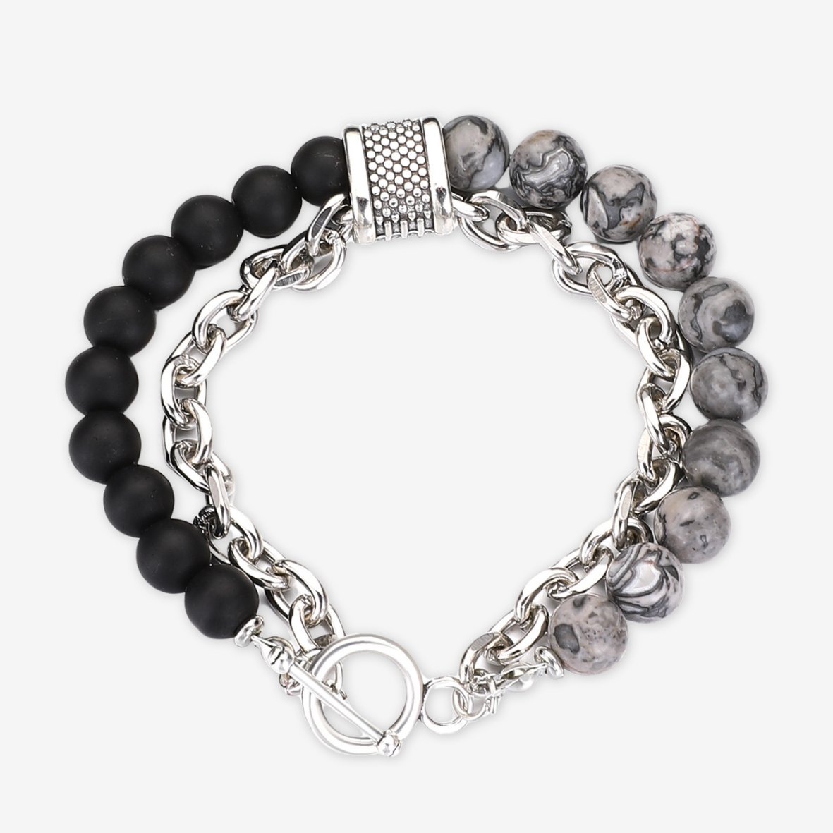 Bracciale pietre grigie e nere più catena.