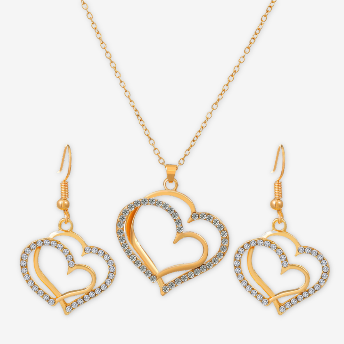 Parure collana e orecchini oro cuore con zirconi.