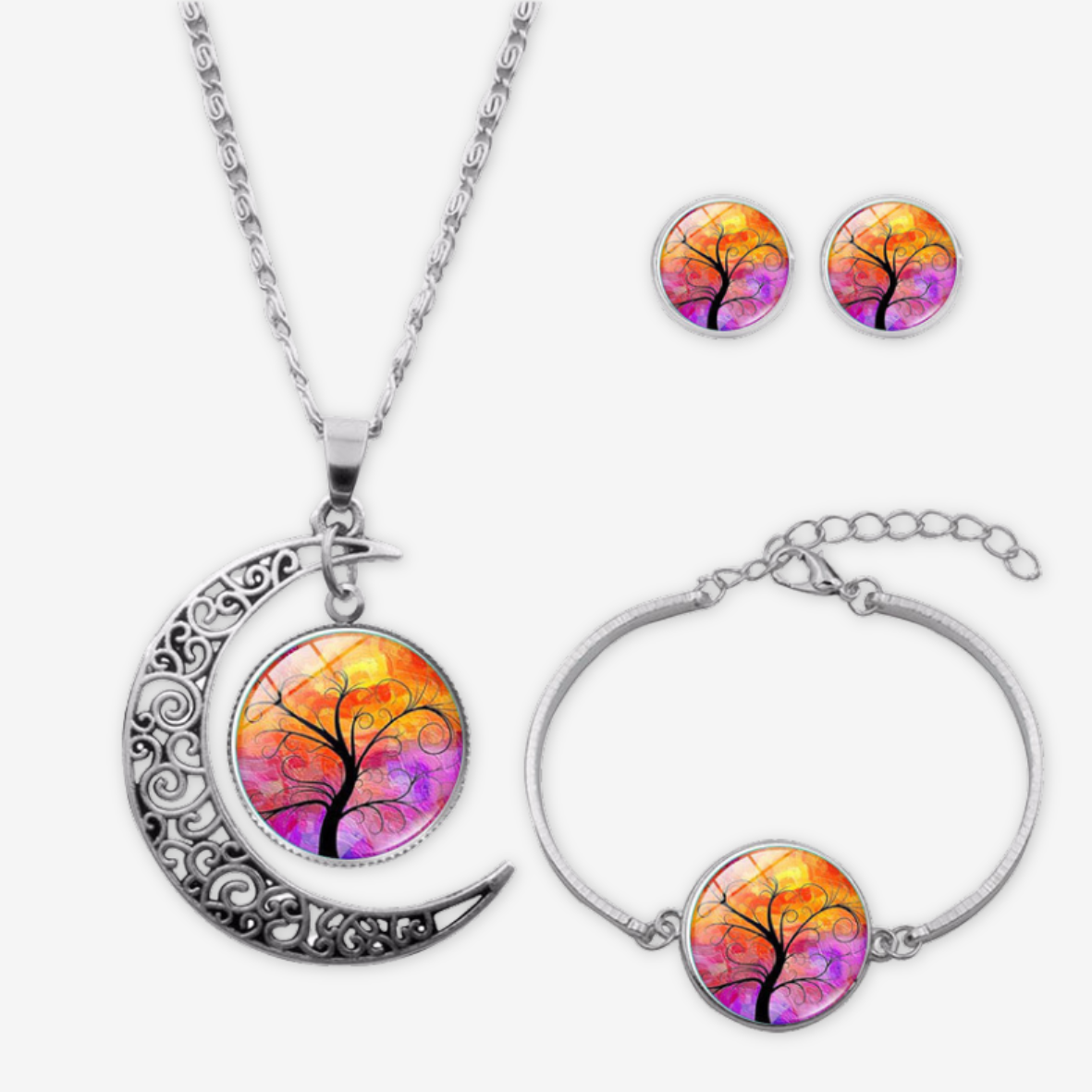 Parure albero della vita arancione: collana, bracciale e orecchini.