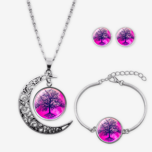 Parure albero della vita color porpora: collana, bracciale e orecchini.