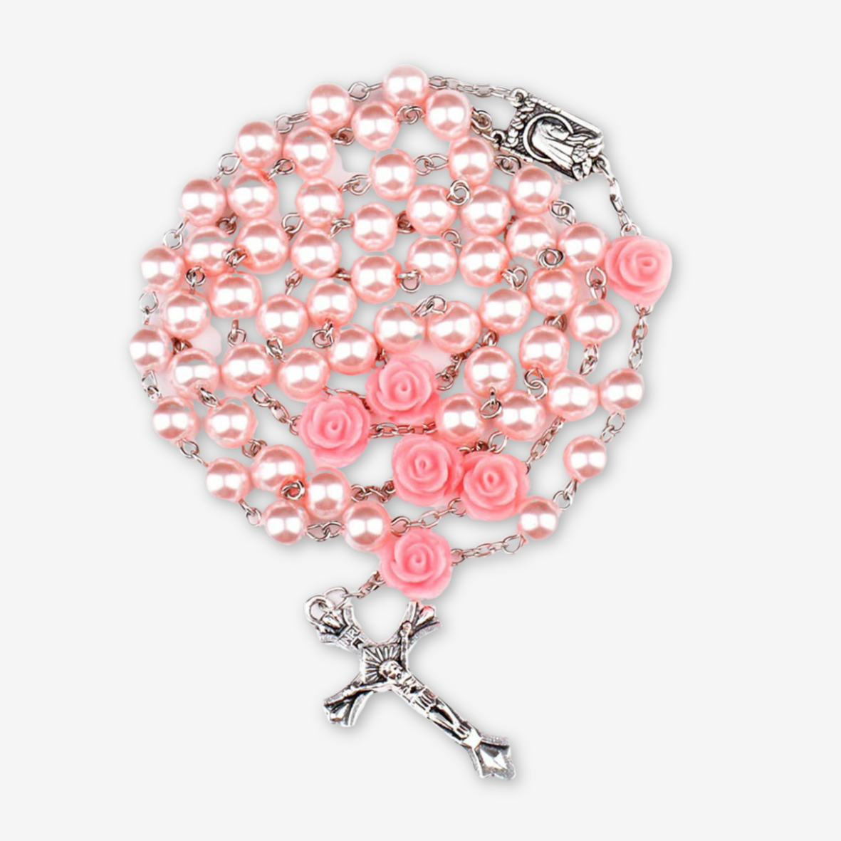 Rosario con perle rosa e rose.