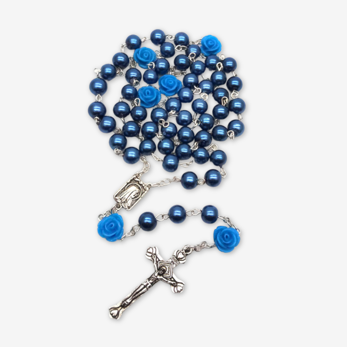 Rosario con perle blu e rose.