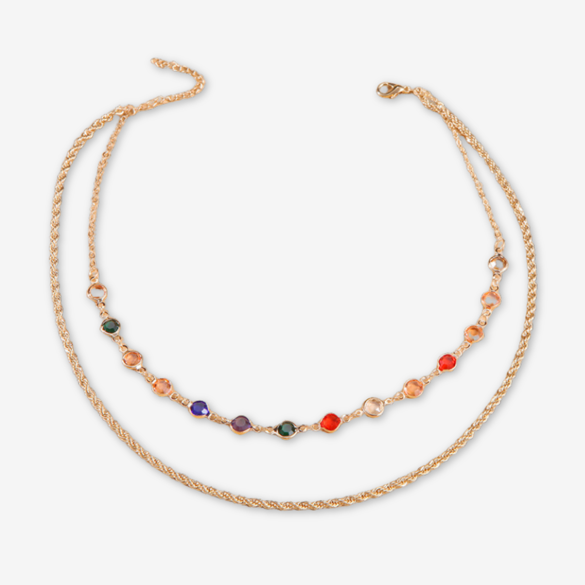 Collana doppia dorata con zirconi multicolori.