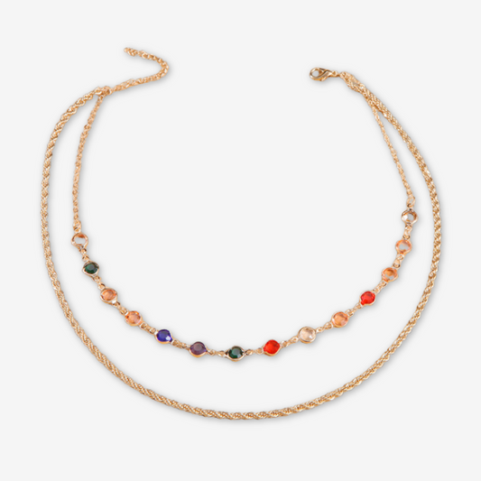 Collana doppia dorata con zirconi multicolori.