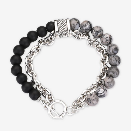 Bracciale pietre grigie e nere più catena.