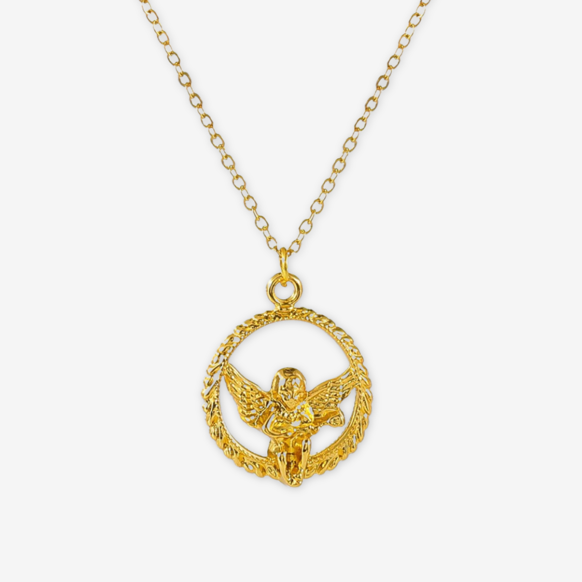 Collana dorata con angelo in cerchio.