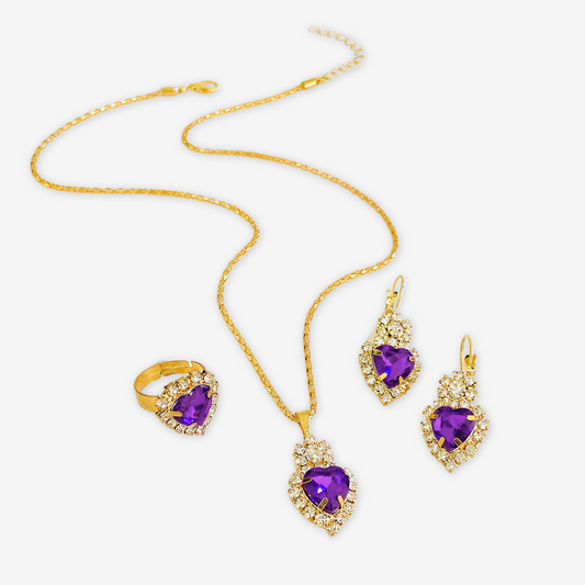 Parure collana orecchini e anello viola.