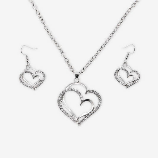 Parure collana e orecchini argento cuore con zirconi.